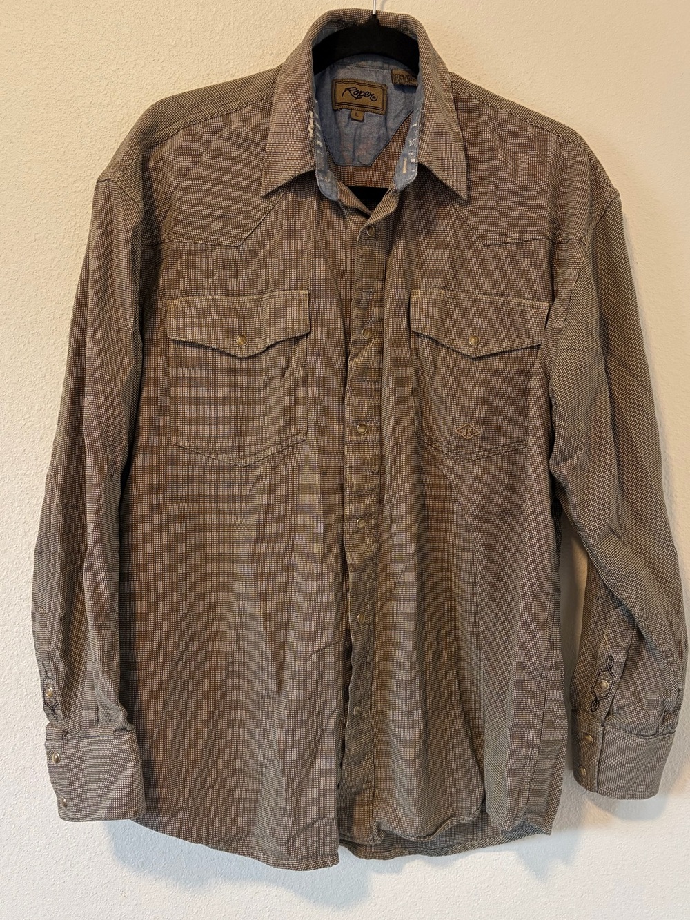 Vintage Roper Pearl Snap Western Shirt Mens Large Distressed MicroCheck Workwear